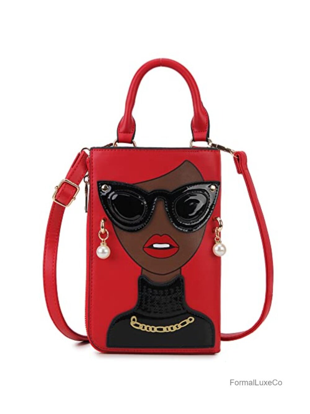 Novelty Lady Face Satchel Handbag Faux Leather Top Handle Purse with Chain
